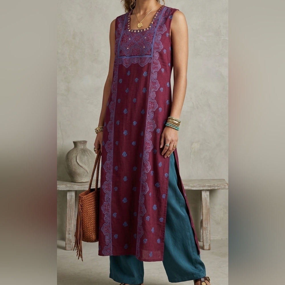 Handmade Sleeveless Plum Painted Blue Details Maxi Dress with Square Yoke S Boho